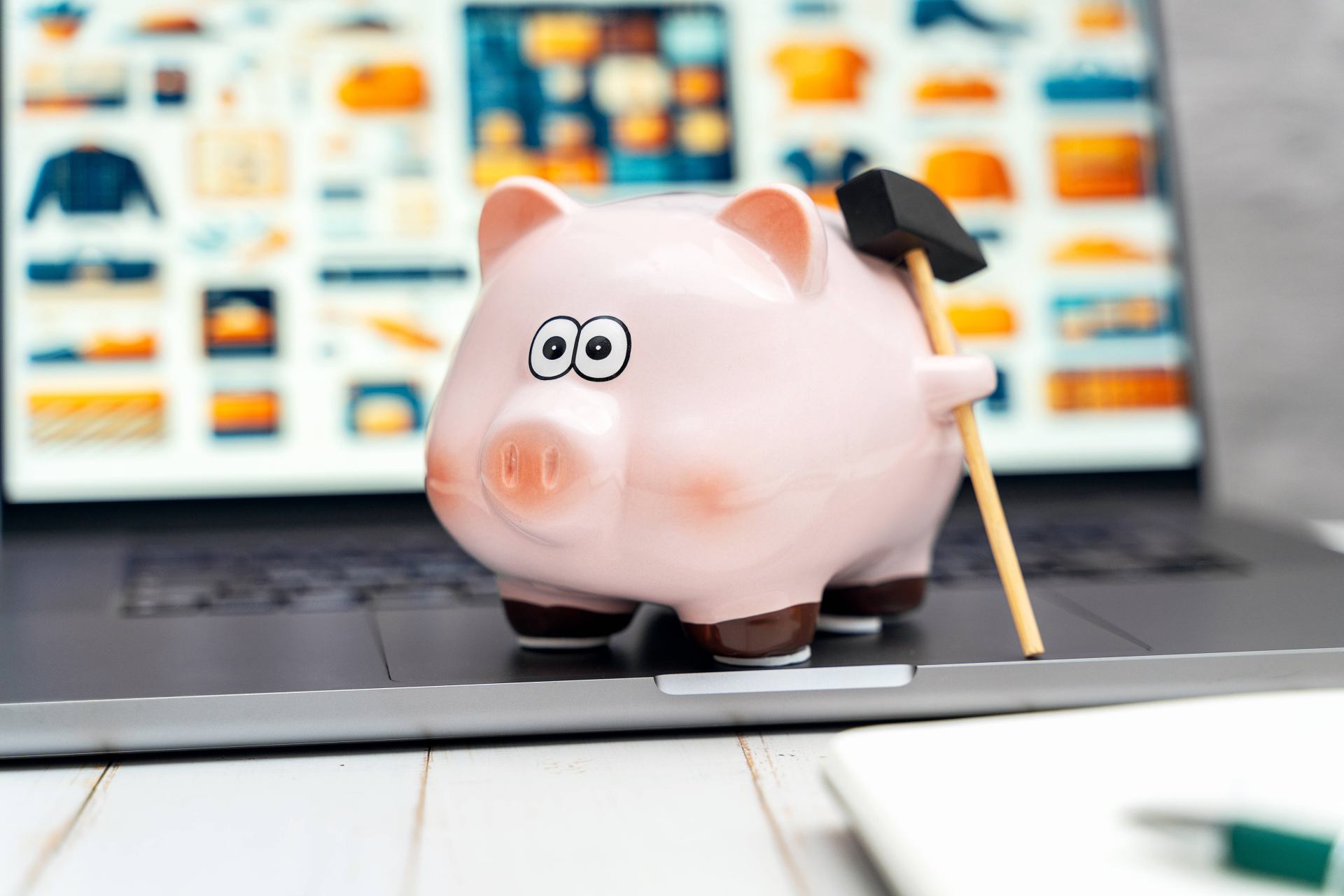 Online-Shopping: Sparschwein auf Laptop-Tastatur