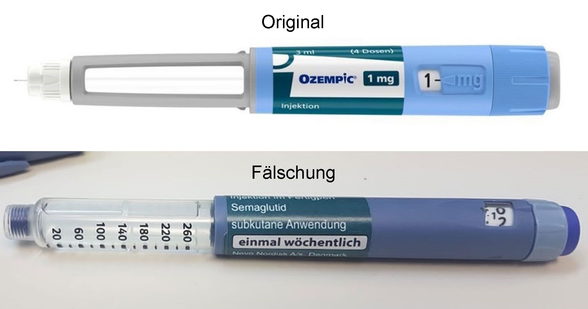 Medikament Ozempic:: oben das Original, unten die Fälschung