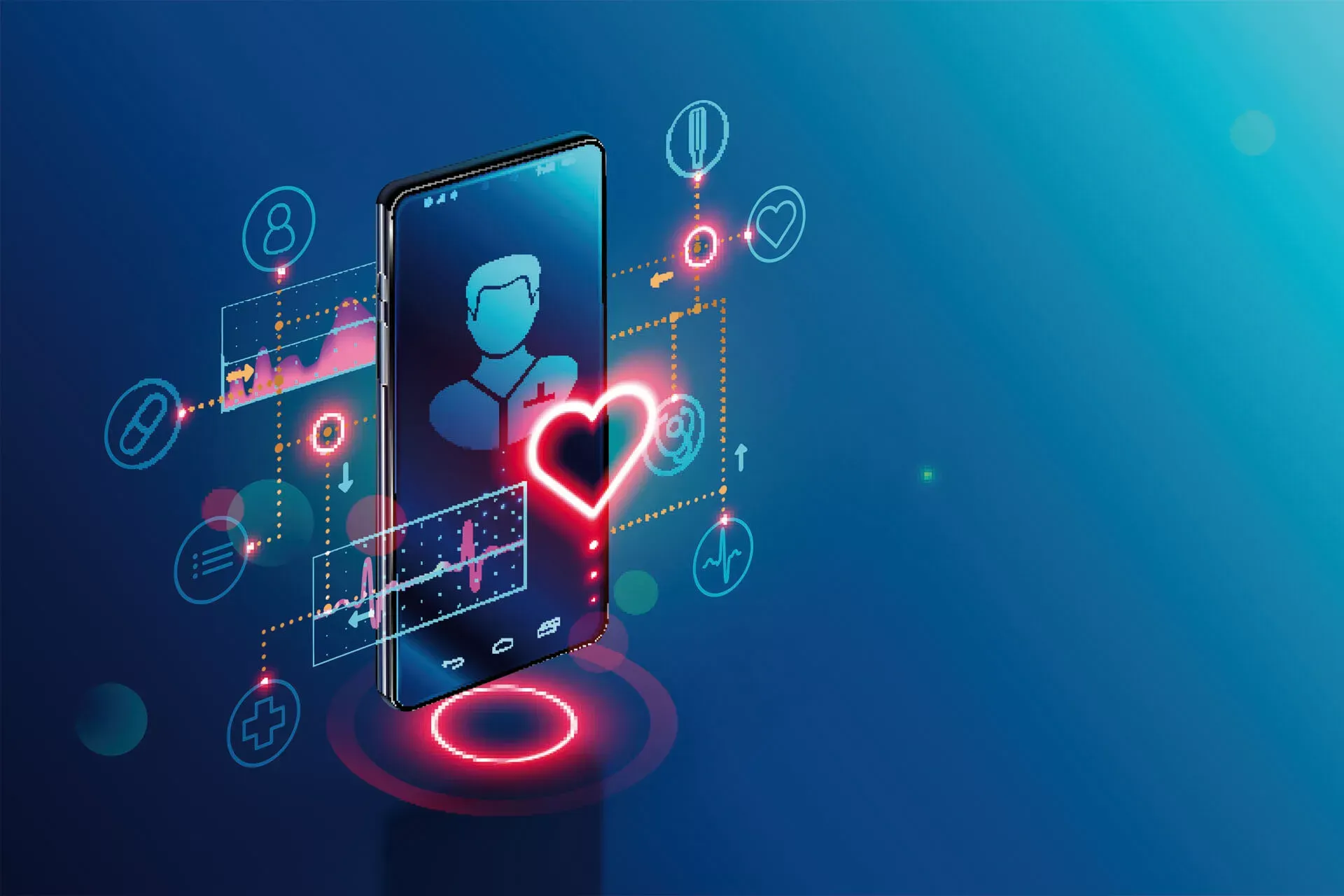 Grafik eines Smartphones mit umgebenden medizinischen Symbolen, digitales Gesundheitswesen. Grafik eines Smartphones mit umgebenden medizinischen Symbolen, digitales Gesundheitswesen.