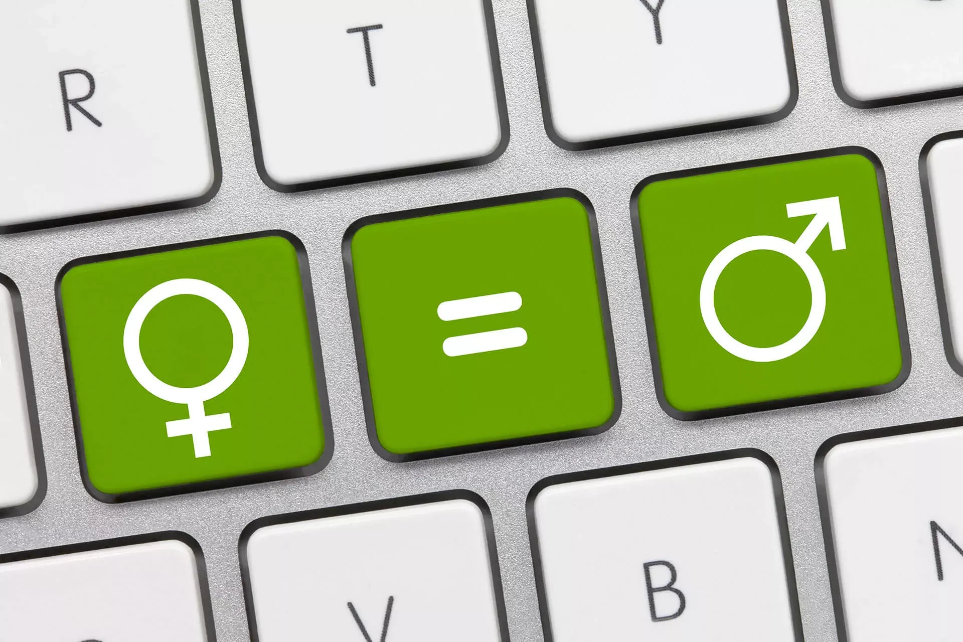 Gender Pay Gap: Computertasten mit weiblichem und männlichem Geschlechtssymbol und Gleichheitszeichen. Gender Pay Gap: Computertasten mit weiblichem und männlichem Geschlechtssymbol und Gleichheitszeichen.