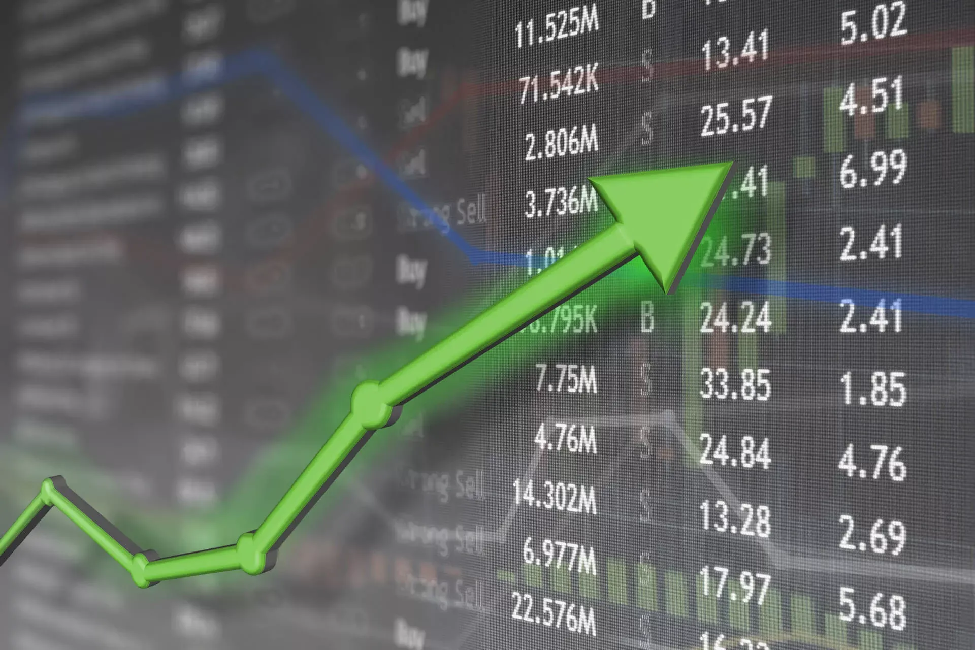 Börsencharts an einer Tafelt mit grünem ansteigendem Pfeil für nachhaltige Aktien. Börsencharts an einer Tafelt mit grünem ansteigendem Pfeil für nachhaltige Aktien.