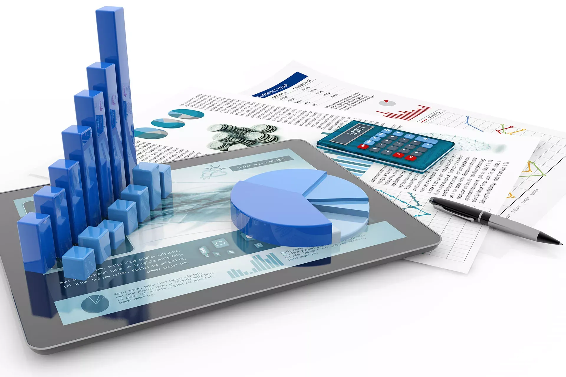3-D-Modelle von Finanzdiagrammen auf Tablet, daneben Taschenrechner, Stift und Finanzpapiere. 3-D-Modelle von Finanzdiagrammen auf Tablet, daneben Taschenrechner, Stift und Finanzpapiere.