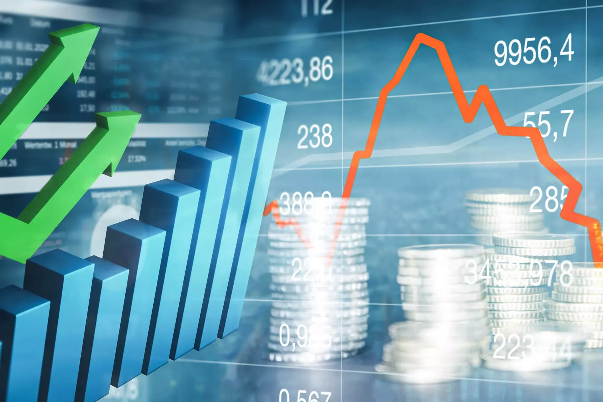 Finanzcharts und Aktienkurven vor Börsenkursen mit Stapeln von Münzen im Vordergrund. Finanzcharts und Aktienkurven vor Börsenkursen mit Stapeln von Münzen im Vordergrund.
