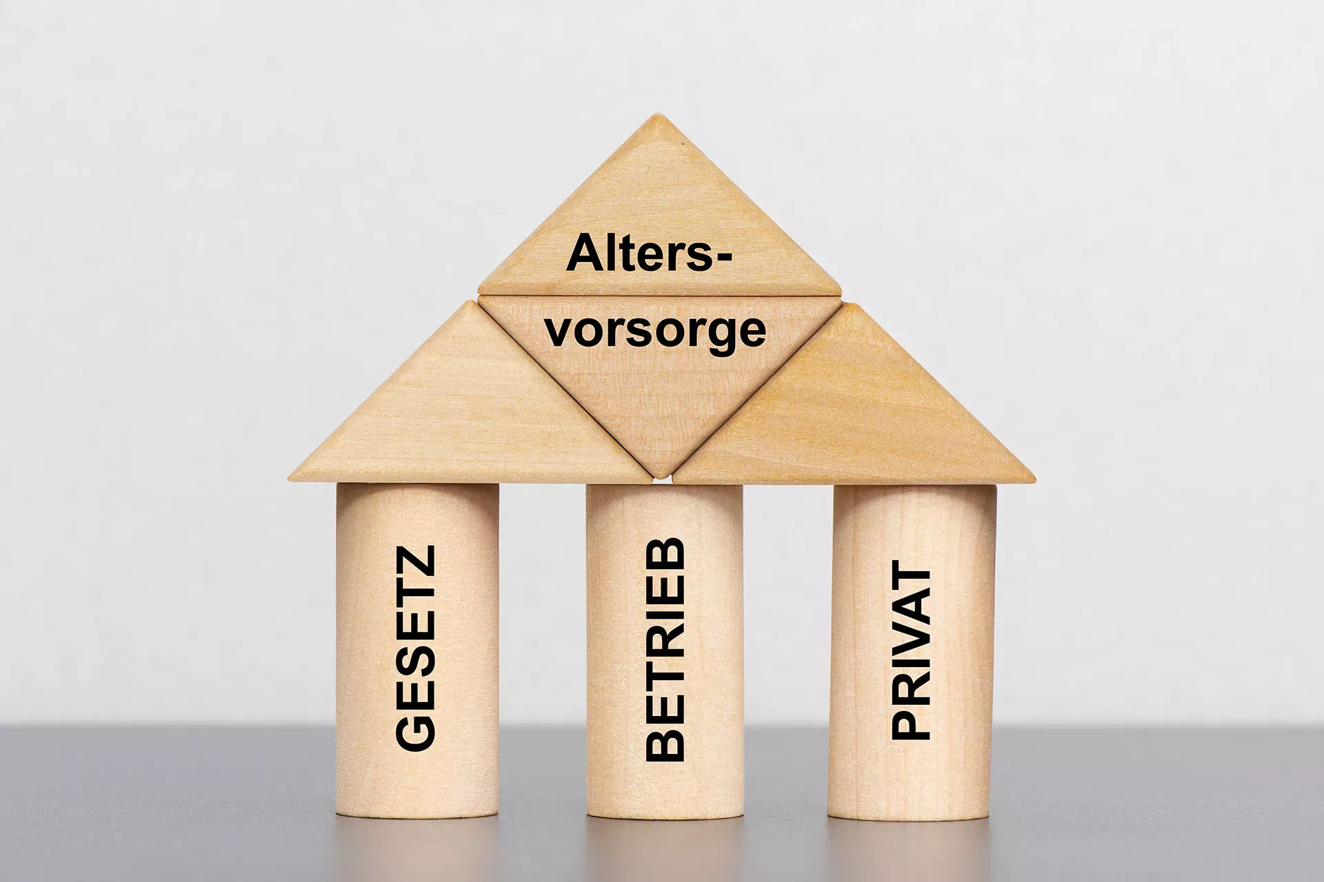 Modell eines Hauses aus Holz-Bauklötzen Aufschrift auf den Holzteilen: Altersvorsorge, Gesetz, Betrieb, Privat. Modell eines Hauses aus Holz-Bauklötzen Aufschrift auf den Holzteilen: Altersvorsorge, Gesetz, Betrieb, Privat.