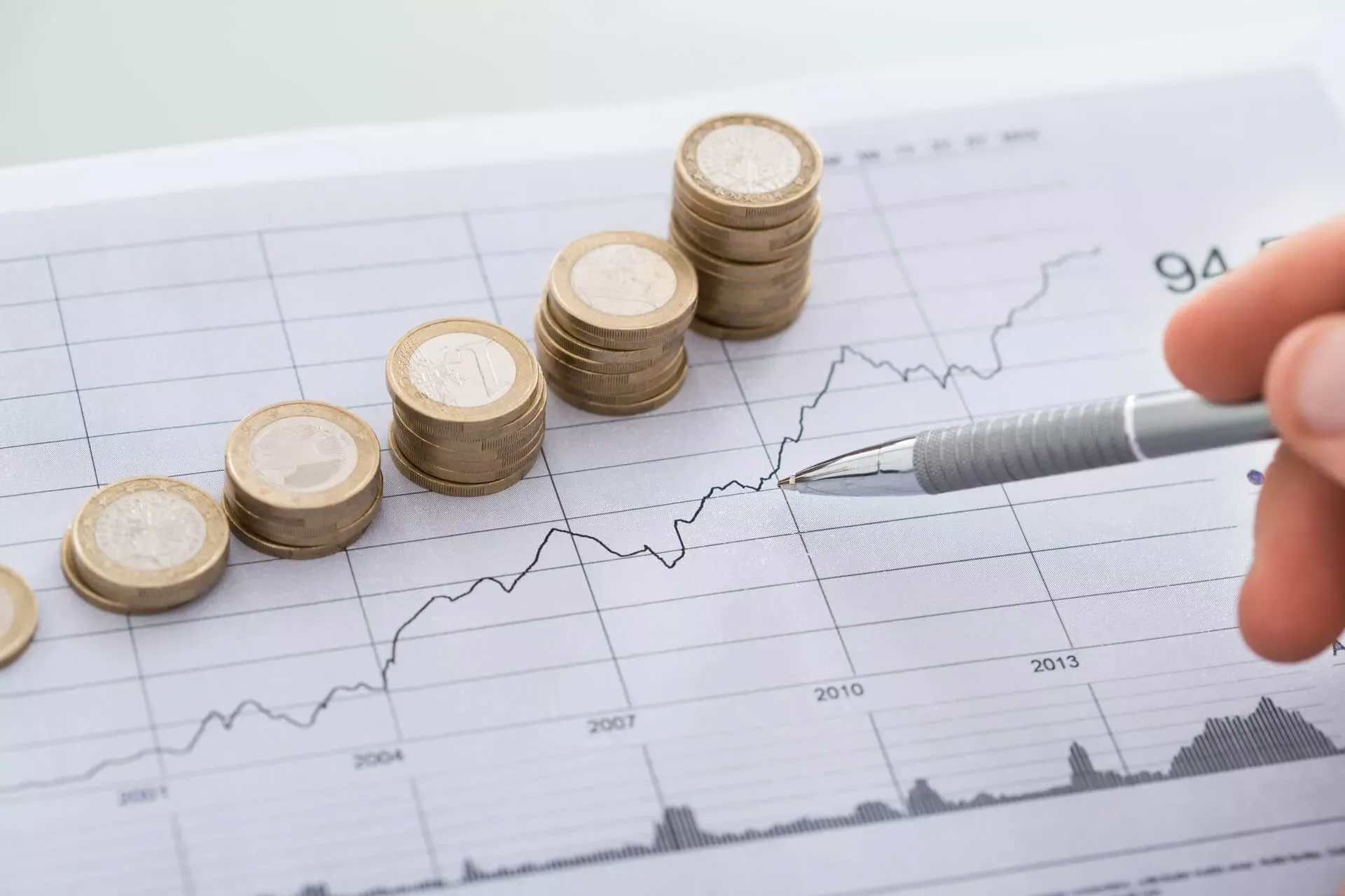 Hand mit Stift zeigt auf ein Finanzchart mit Preisentwicklung und ansteigenden Münzstapeln. Hand mit Stift zeigt auf ein Finanzchart mit Preisentwicklung und ansteigenden Münzstapeln.