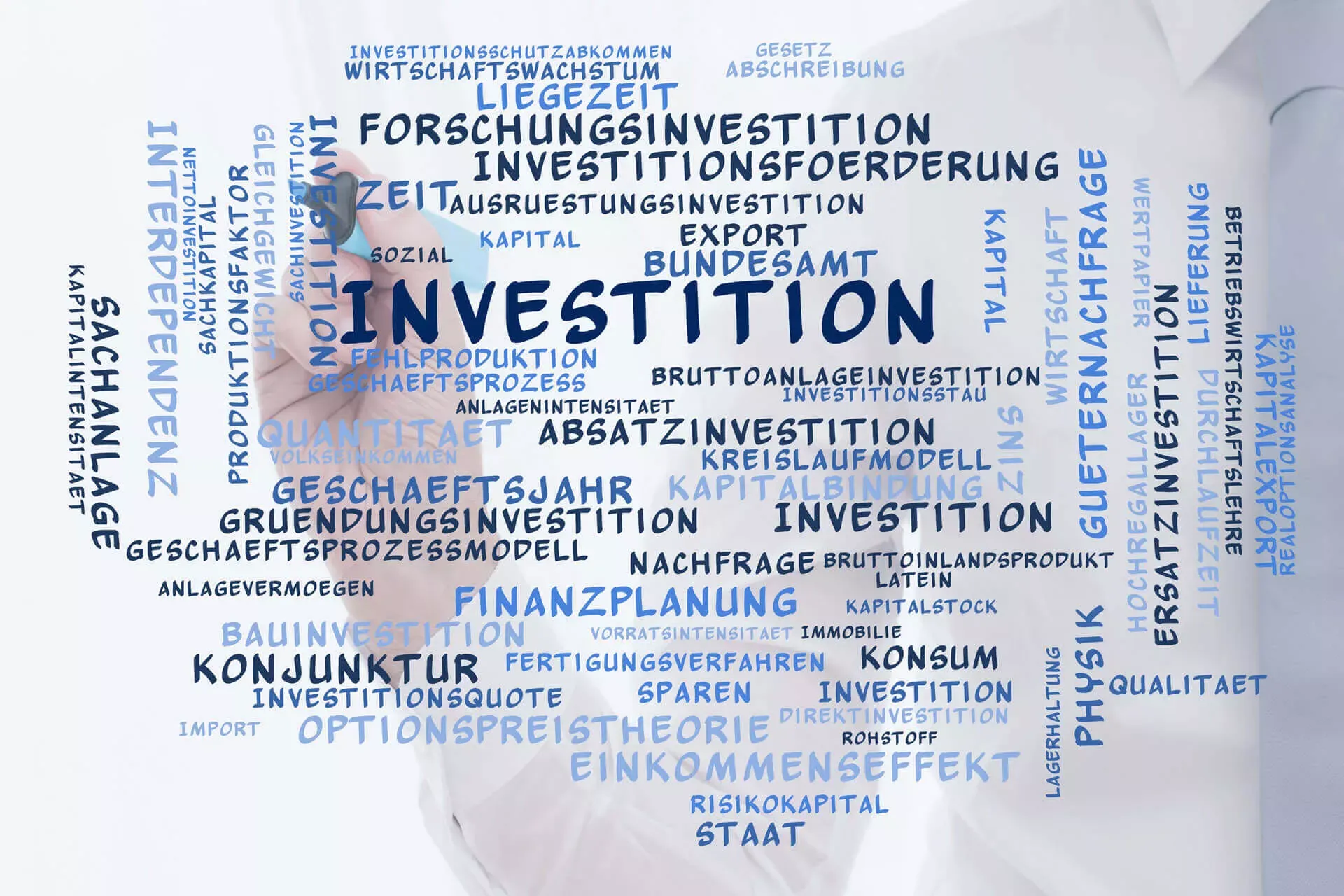 Mindmap mit Sammlung von Begriffen um Investition und Konjunktur, von hinten zeigt eine Hand mit einem Stift darauf. Mindmap mit Sammlung von Begriffen um Investition und Konjunktur, von hinten zeigt eine Hand mit einem Stift darauf.