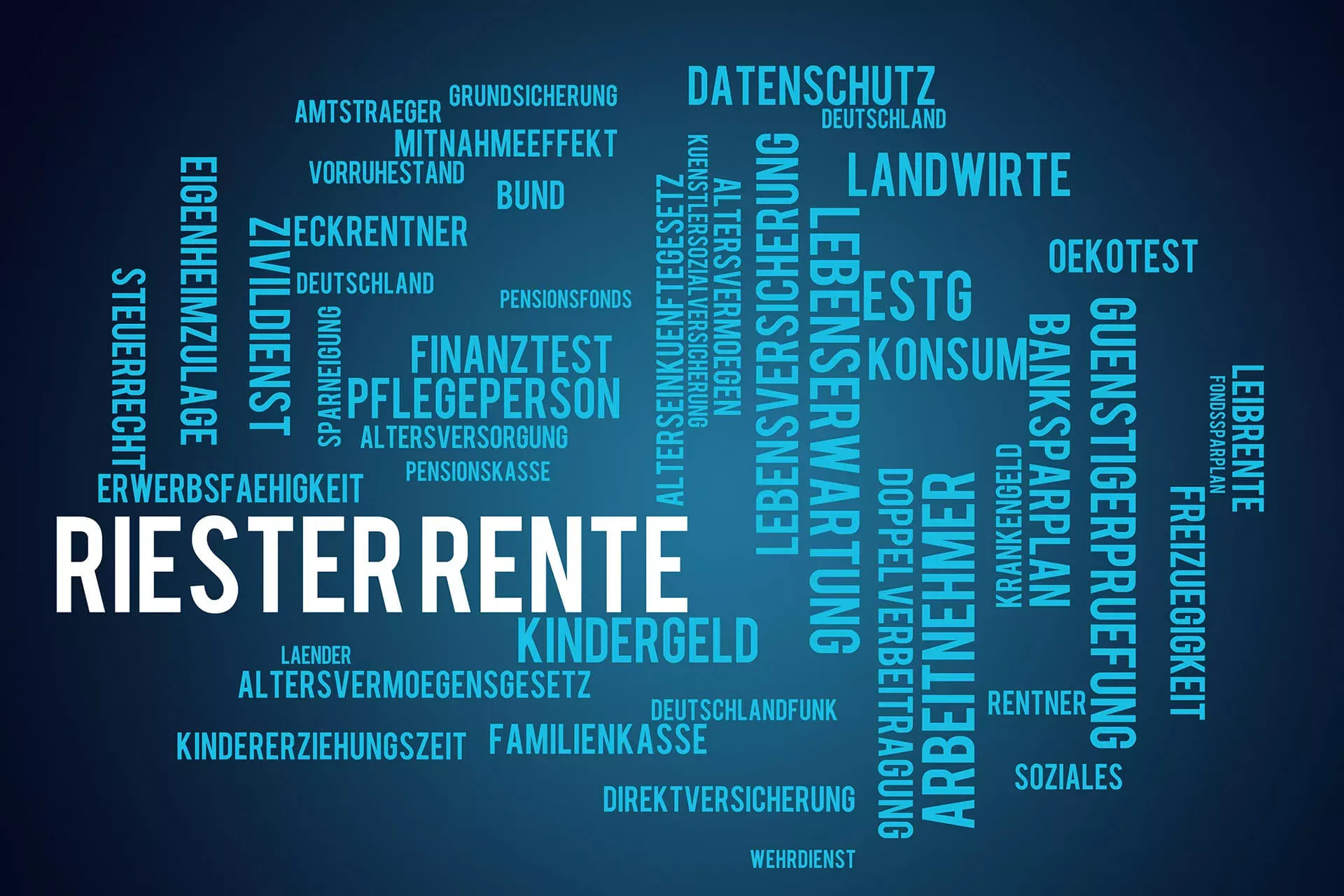 Wortwolke Riester Rente vor dunklem Hintergrund in Blautönen. Wortwolke Riester Rente vor dunklem Hintergrund in Blautönen.