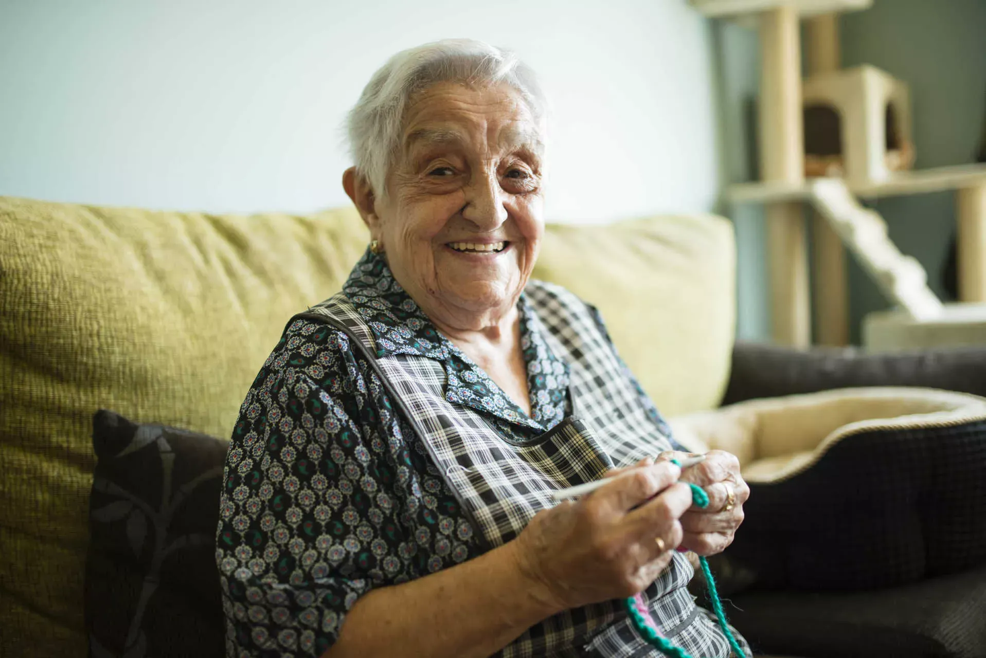 Alte Frau sitzt auf dem Sofa und häkelt. Bild: IMAGO / Westend61 Alte Frau sitzt auf dem Sofa und häkelt. Bild: IMAGO / Westend61