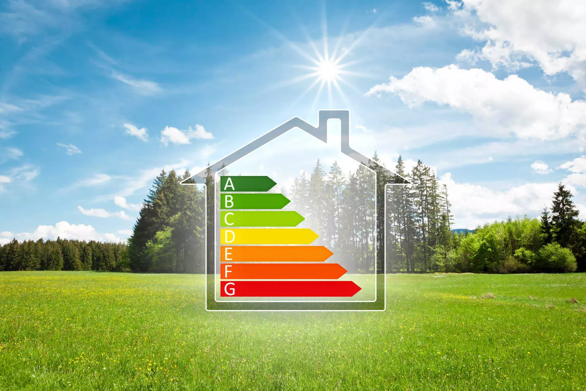 Umriss Energiesparhaus mit Skala mit Landschaft im Hintergrund. Bild: IMAGO / Shotshop / Markus Gann Umriss Energiesparhaus mit Skala mit Landschaft im Hintergrund. Bild: IMAGO / Shotshop / Markus Gann