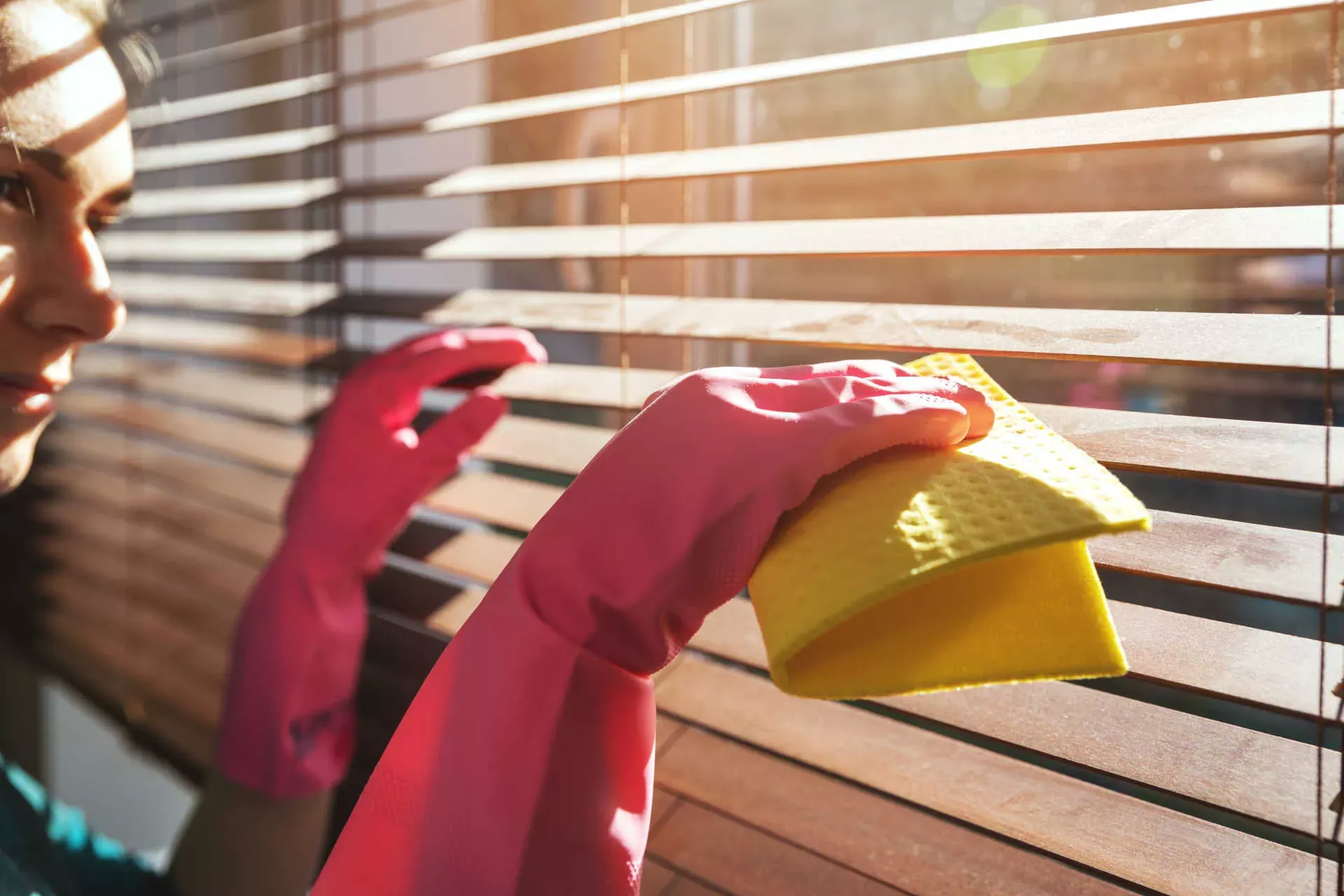 Frau mit Gummihandschuhen reinigt Fenster-Jalousien. Bild: IMAGO / Panthermedia / Ronalds Stikans Frau mit Gummihandschuhen reinigt Fenster-Jalousien. Bild: IMAGO / Panthermedia / Ronalds Stikans