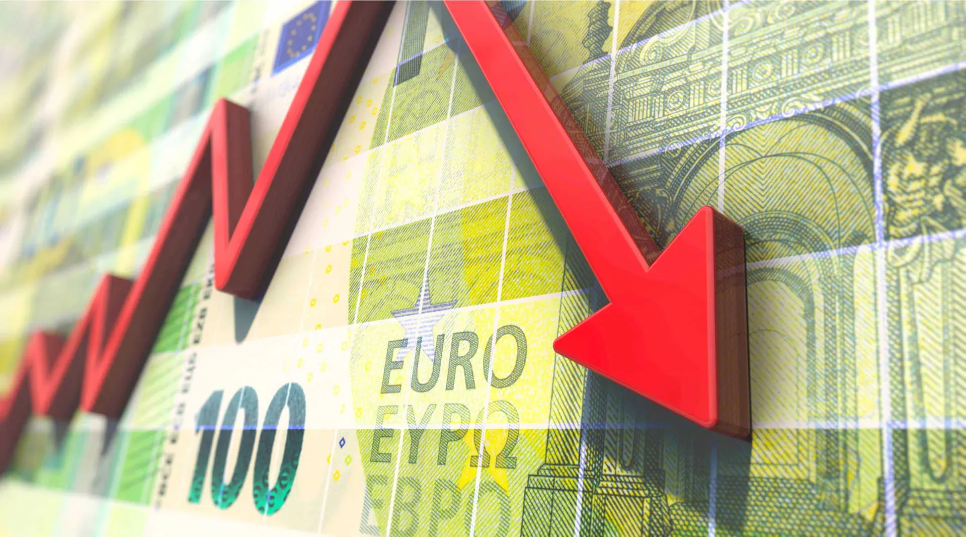 Fallende rote Kurskurve vor Hundert-Euro-Scheinen. Bild: IMAGO / IlluPics Fallende rote Kurskurve vor Hundert-Euro-Scheinen. Bild: IMAGO / IlluPics